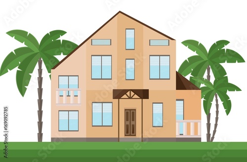 Beautiful yellow house architecture facade and palm trees Vector illustrations