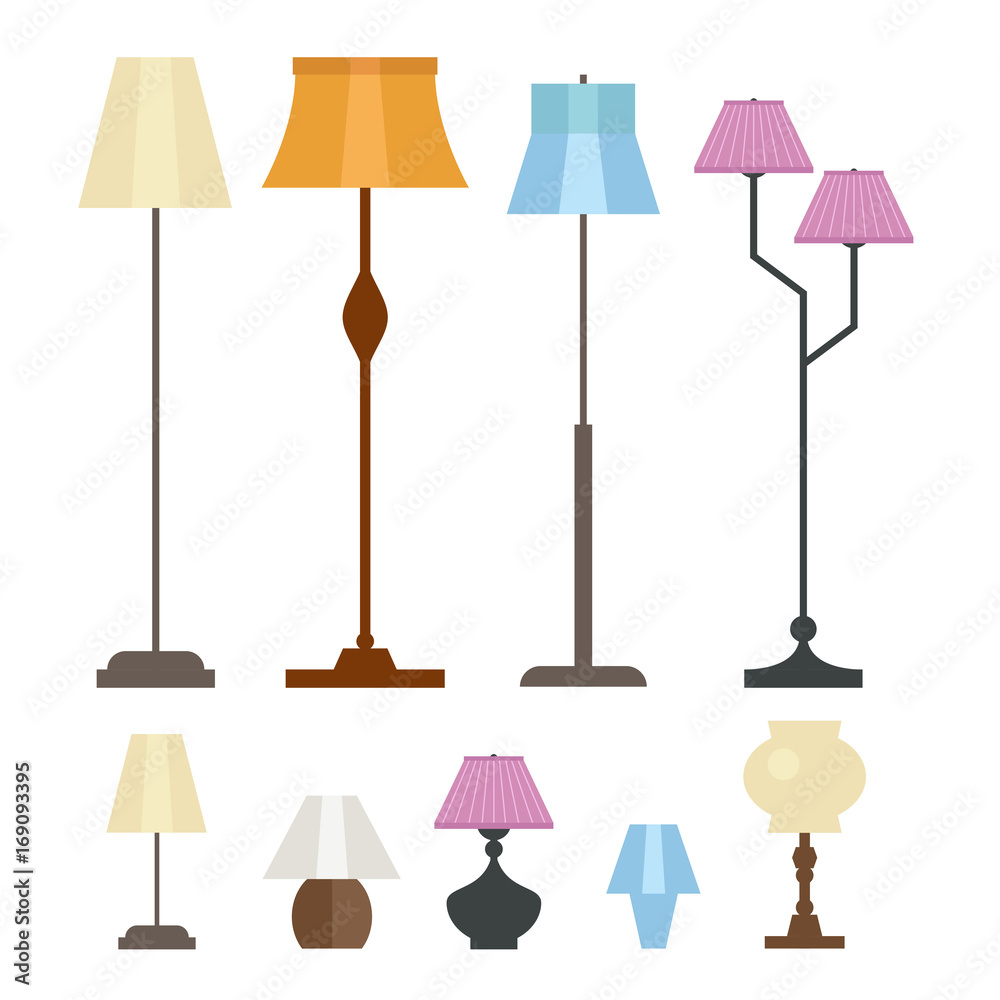 Set of different lamps, floor lamp, table lamp. Flat style vector design  template Stock Vector | Adobe Stock