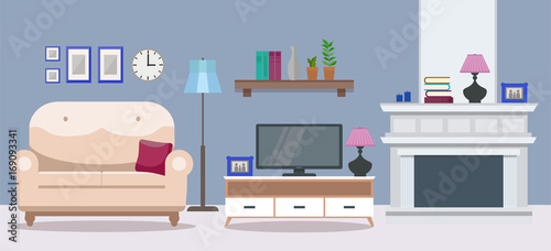 Cozy interior of a modern elegant living room with an armchair, a sofa, a tv table, a fireplace, and various decorations. Flat style vector design template