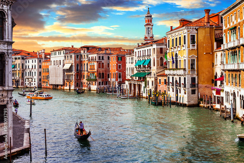 Venetian sunset. Romantic travel in Venice. Grand Canal. Italy