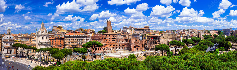 Landmarks of Rome .Panoramic view  of piazza Venezia and Trajan market.