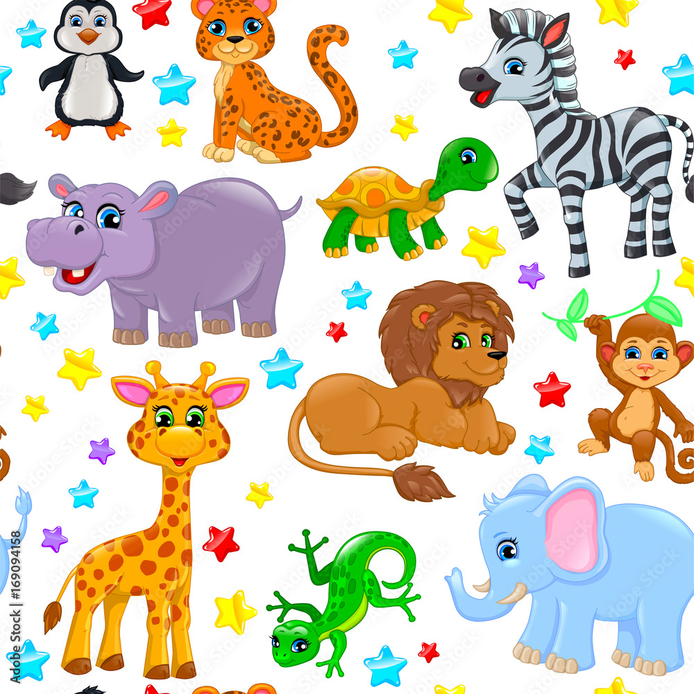 Seamless pattern animals and stars