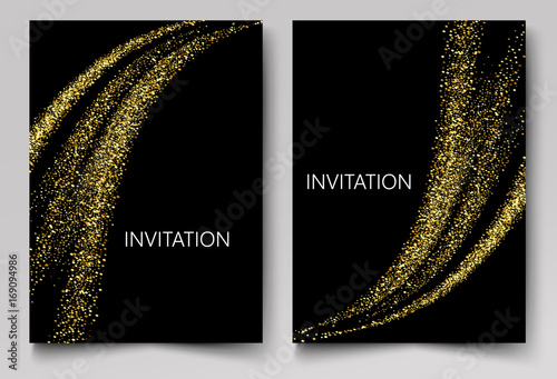 Template design invitations Gold particleos in the form of abstract waves glisten photo