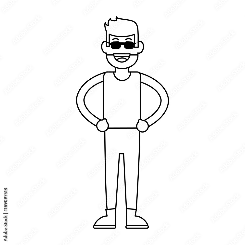 happy smiling man with sunglasses full beard and mustache hipster icon image vector illustration design black line