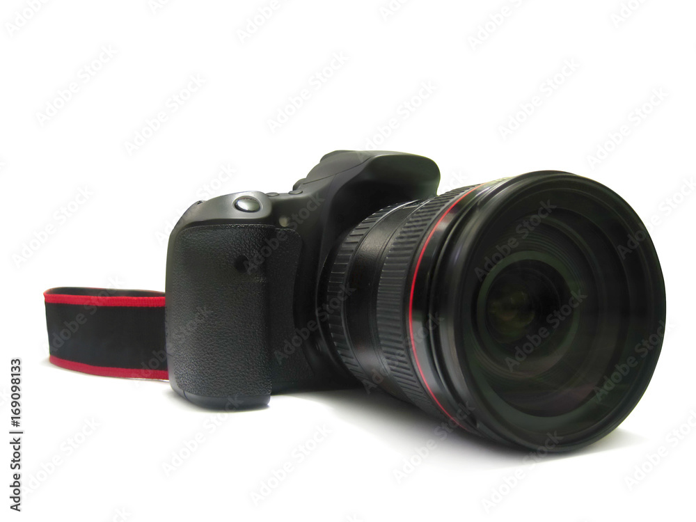 Isolated, digital camera dslr and lens for photographer on white background