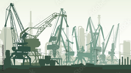 Horizontal illustration of port with cargo crane tower.