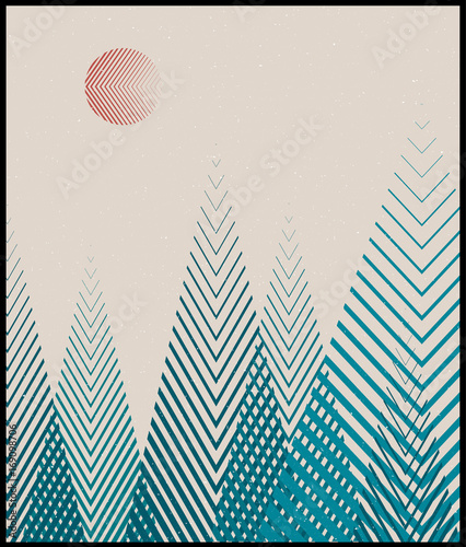 Vector geometric triangle background, abstract mountains.Conceptual background, with mountains.Flat design. Use for card, poster, brochure,banner,web.Interior print. Sunset over the forest.