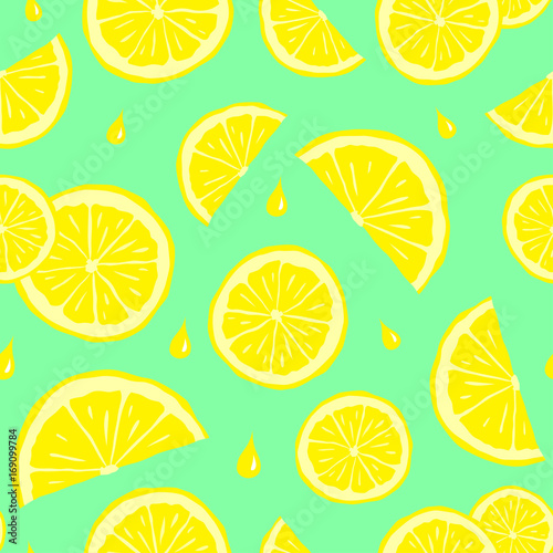 Seamless pattern with yellow lemon slices and blots