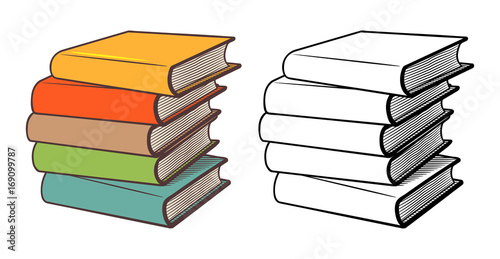 Stacks of books. Stylized vector illustration, outline and colored version