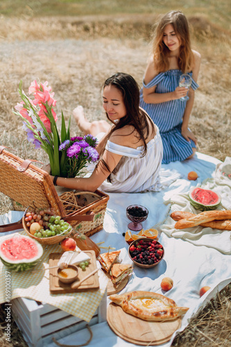Beautiful young girls girlfriends on a picnic on a summer day. The concept of leisure, privacy, communication, vacation, tourism