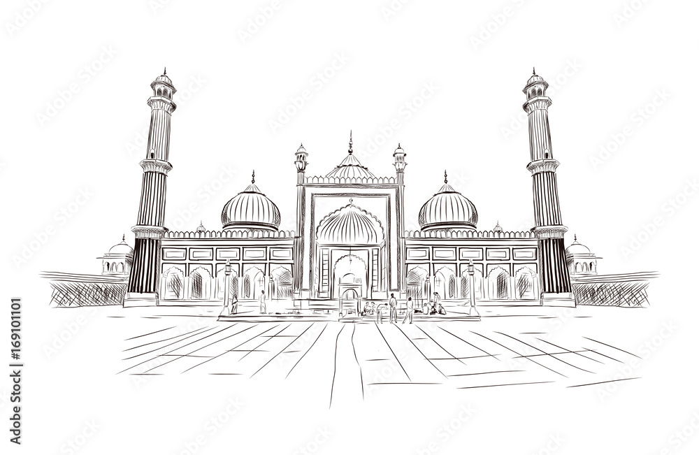 Sketch of Jama Masjid, Delhi in vector illustration. 17th-century, red sandstone Mughal-style mosque with a 25,000 capacity & 40m high minarets. Hand drawn sketch illustration.