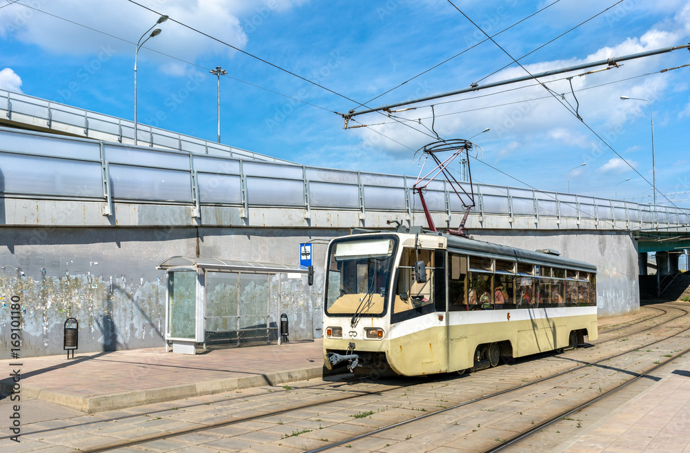 A city tram at Shosse Entuziastov Station in Moscow, Russia
