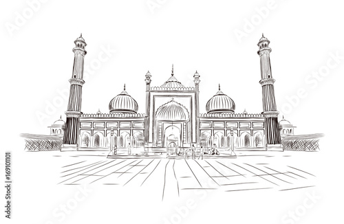 Obraz na płótnie Sketch of Jama Masjid, Delhi in vector illustration. 17th-century, red sandstone Mughal-style mosque with a 25,000 capacity & 40m high minarets. Hand drawn sketch illustration. w salonie