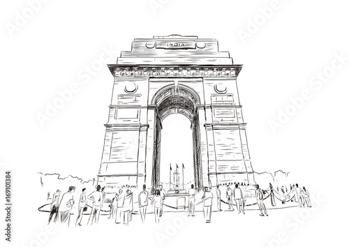 Sketch of India Gate at Delhi in vector illustration. 1920s triumphal arch and war memorial. Hand drawn sketch illustration.