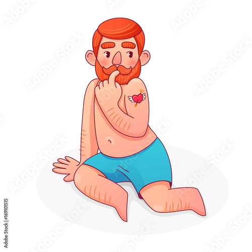 Ginger shirtless man in boxers. Pin-up male with vintage tatto. Cartoon vector illustration white background.