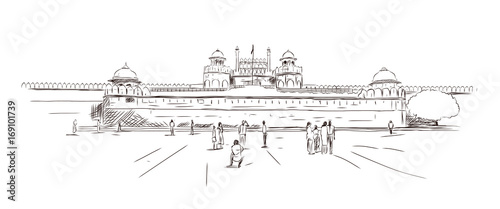 Sketch of The Red Fort at New Delhi in vector illustration. Iconic 1600s imperial residence and museum. Hand drawn sketch illustration.