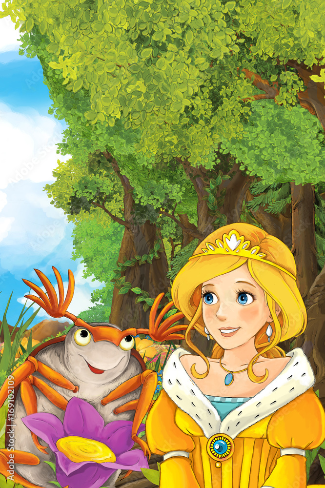 Fototapeta premium cartoon fairy tale scene with a young princess in the forest talking to happy gib colorful bug sitting on a flower - illustration for children