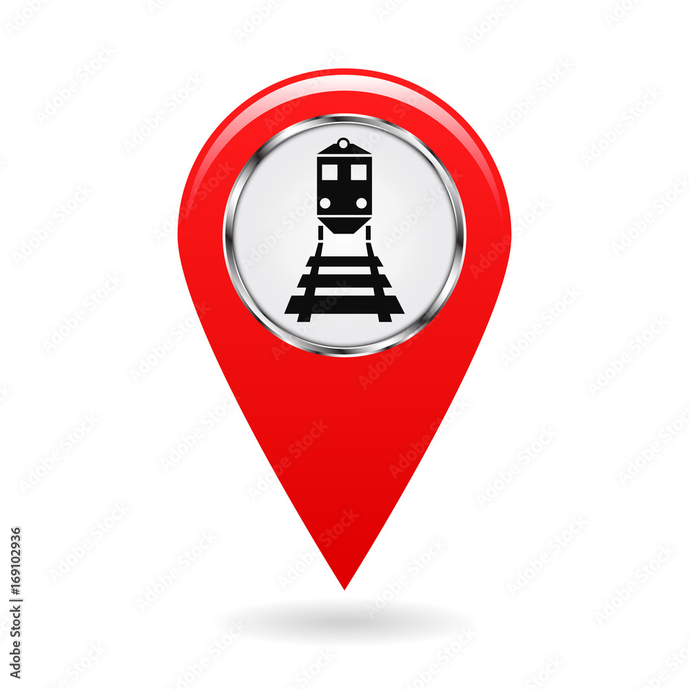 Map pointer. Index of rail traffic. The train and the locomotive. Risk of hitting or collision. Safety symbol. Red object on a white background. Vector illustration.