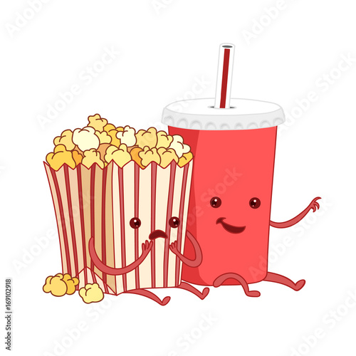 Vector cartoon illustration. fast food. Friends forever. Popcorn, movies, cinema. Comic characters.