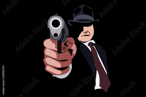 Photo man in hat with a gun. mafia.