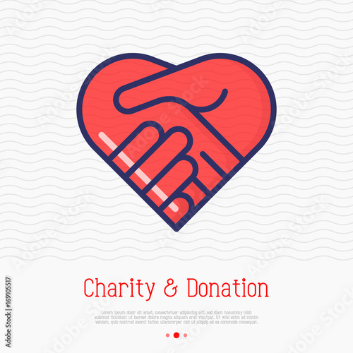 Two hands in shape of heart thin line icon. Handshake, symbol of kindness, donation and charity. Vector illustration.