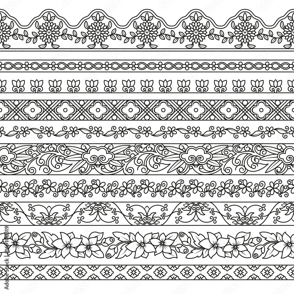 Vector set of floral elements for ethnic decor. Seamless patterns for frames, borders and backgrounds. Detailed decorative motifs. Black and white colors.