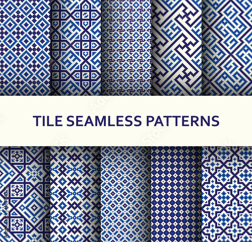 Mosaic seamless patterns set. Modern geometric textures. Vector illustration.