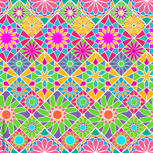Seamless pattern with decorative colorful tiles. Bright ornamental rhombus. Vector illustration.