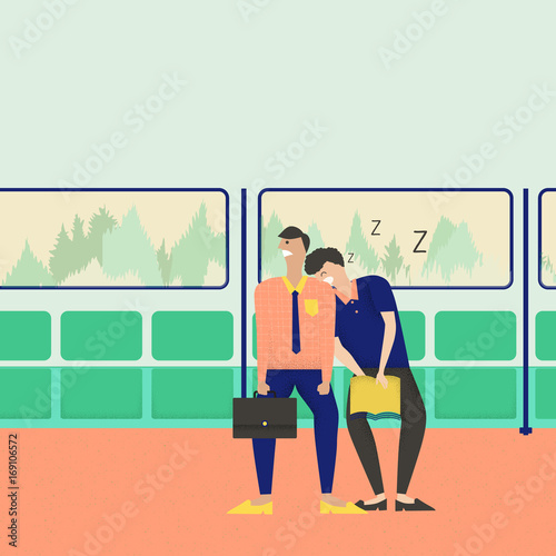 Businessman disturbed by stranger lean his head and sleeping on train
