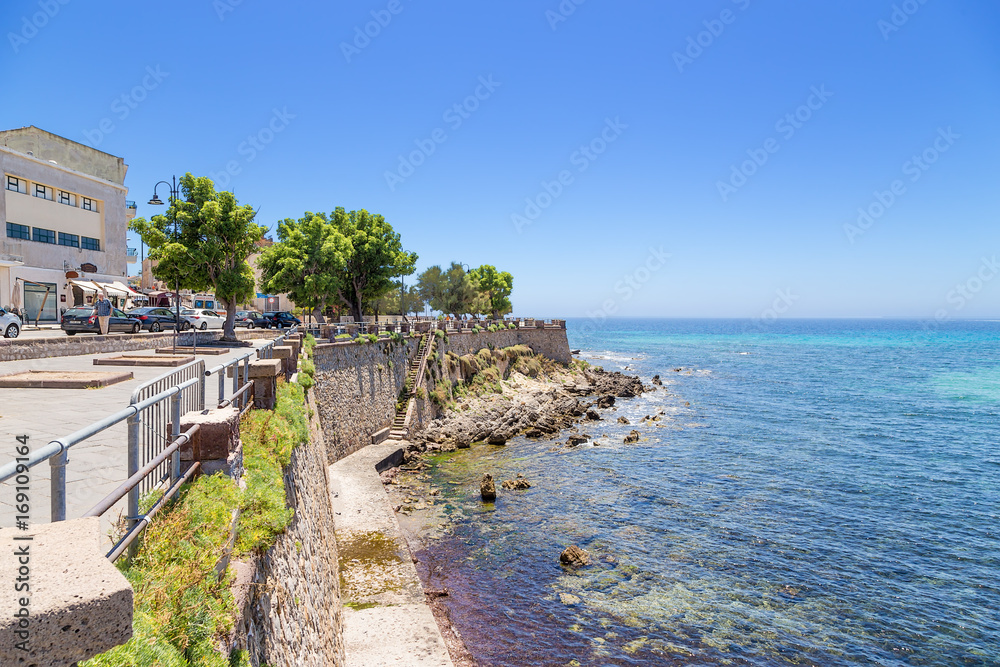 Alghero, Sardinia, Italy. The picturesque promenade and fortress walls