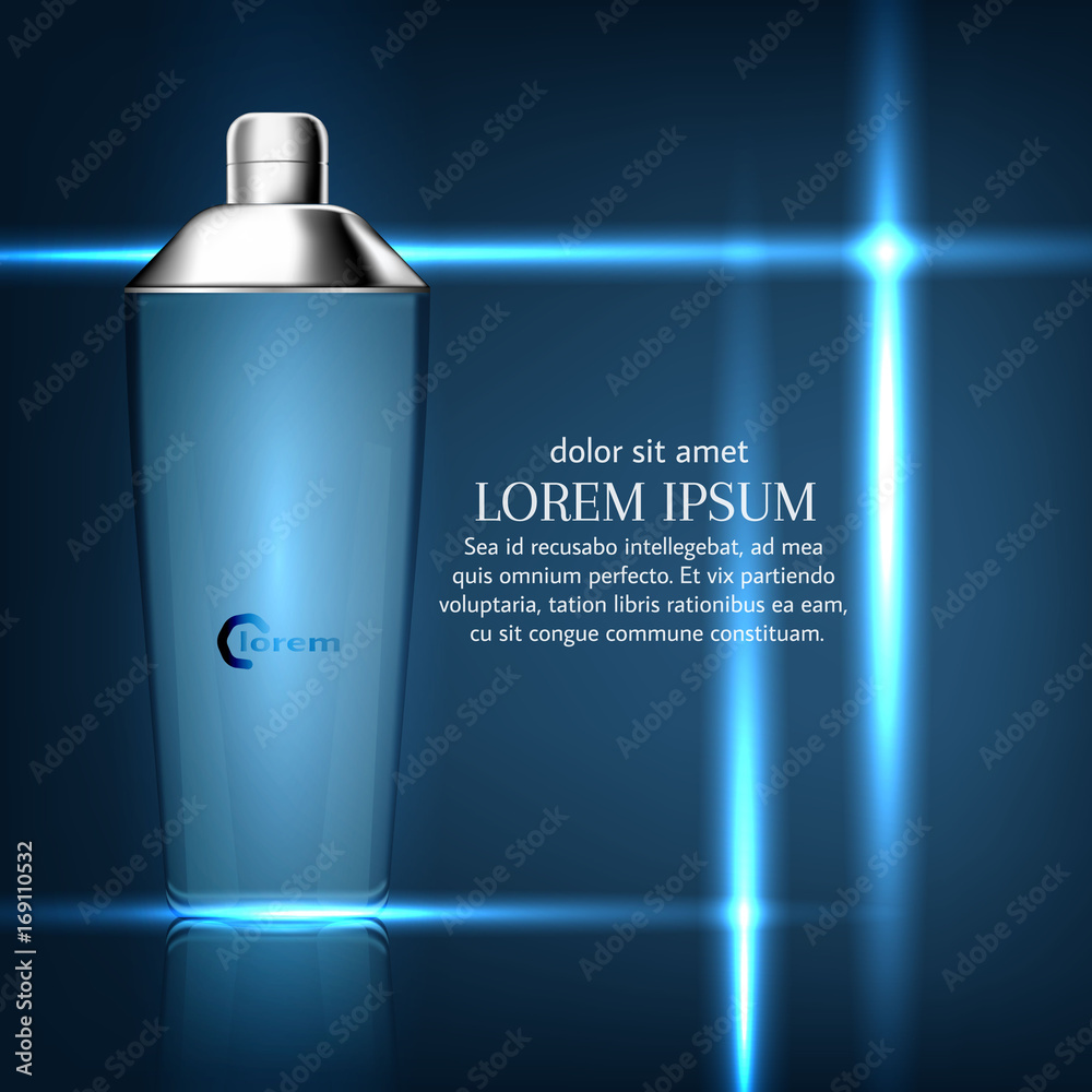 Cosmetic product poster, blue bottle package design with moisturizer cream or liquid, sparkling background.