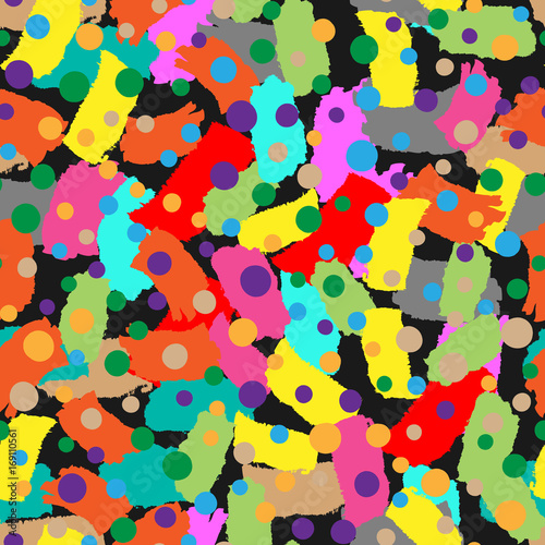 Abstract seamless pattern with motley brush strokes and circles. Art, sketch, ink, graffiti.