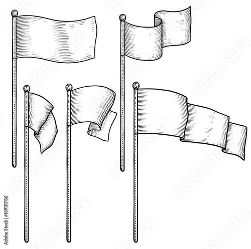 Flag illustration, drawing, engraving, ink, line art, vector