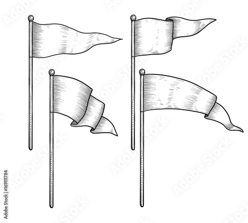 Flag illustration, drawing, engraving, ink, line art, vector