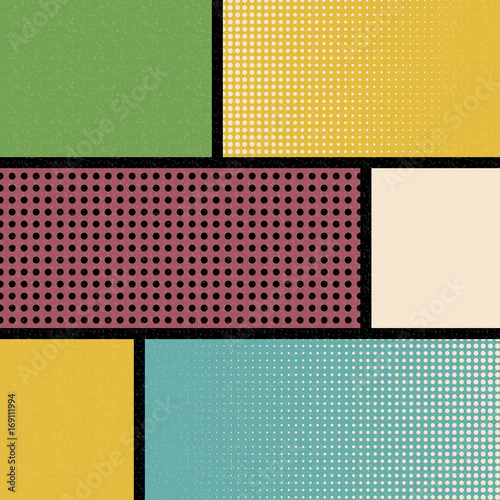Pop art comics book magazine cover template. Cartoon funny vintage strip mock up. Vector halftone illustration. Blank rectangle for comic superhero text, speech bubble, message. Humor graphic.