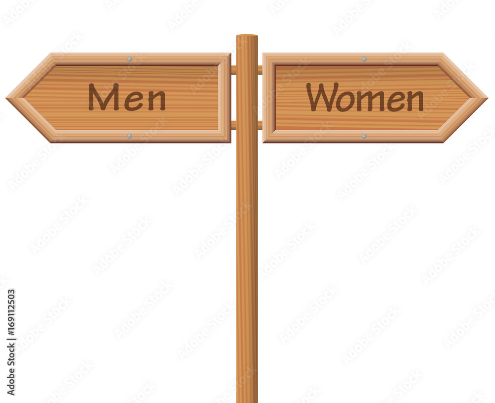 Men and women signpost - Wooden guidepost pointing into opposite - isolated vector illustration on white background.