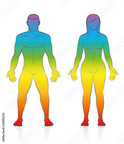 Male and female body silhouettes - vector illustration of a standing love couple with rainbow gradient skin color, symbolic for healing spiritual energy, healthy wellness or sporty fitness.