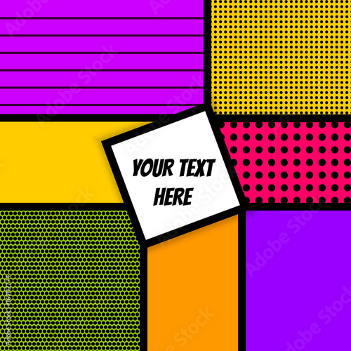 Pop art comics book magazine cover template. Cartoon funny vintage strip mock up. Vector geometric halftone illustration. Blank rectangle Lichtenstein, comic advertise text, speech bubble.