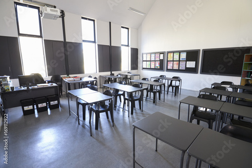 Sunlit modern elementary school classroom