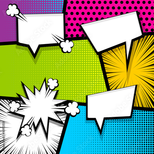 Pop art comics book magazine cover template. Cartoon funny vintage strip comic superhero text, speech bubble, balloon, box message, burst bomb. Vector halftone illustration. Blank humor graphic.