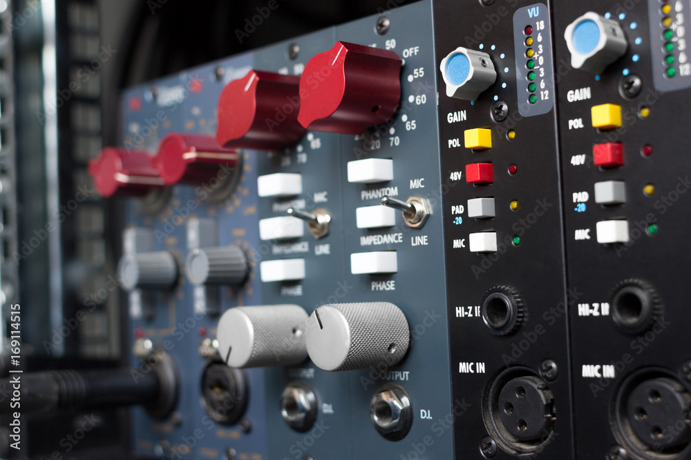 Microphone preamps for recording. Selective focus. Recording studio equipment. Microphone preamps for recording. Selective focus. Recording studio equipment.