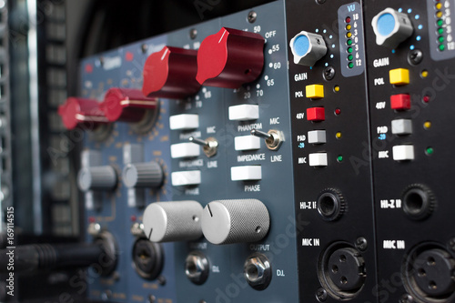 Microphone preamps for recording. Selective focus. Recording studio equipment.
