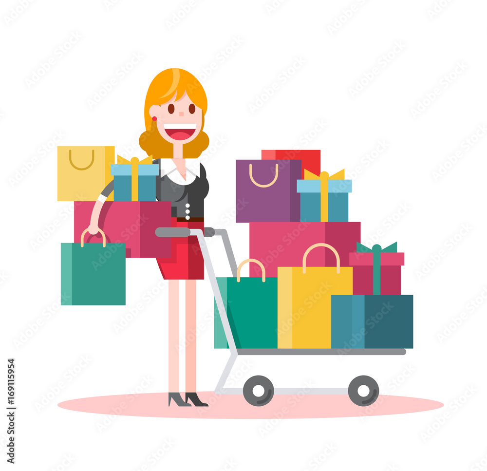 Flat Businesswoman Shopping on White Background. Isolated Flat Vector Illustration Flat Businesswoman Shopping on White Background. Isolated Flat Vector Illustration