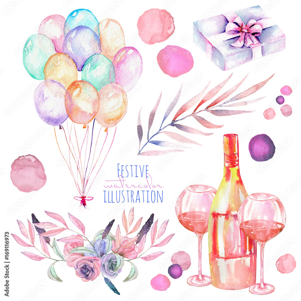 Holiday set of watercolor gift box, air balloons, champagne bottle, wine glasses and floral elements in pink and purple shadows, hand painted isolated on a white background Holiday set of watercolor gift box, air balloons, champagne bottle, wine glasses and floral elements in pink and purple shadows, hand painted isolated on a white background