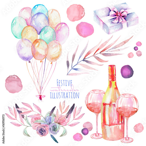 Holiday set of watercolor gift box, air balloons, champagne bottle, wine glasses and floral elements in pink and purple shadows, hand painted isolated on a white background