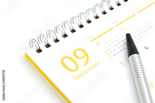 Desk calendar and pen on white background