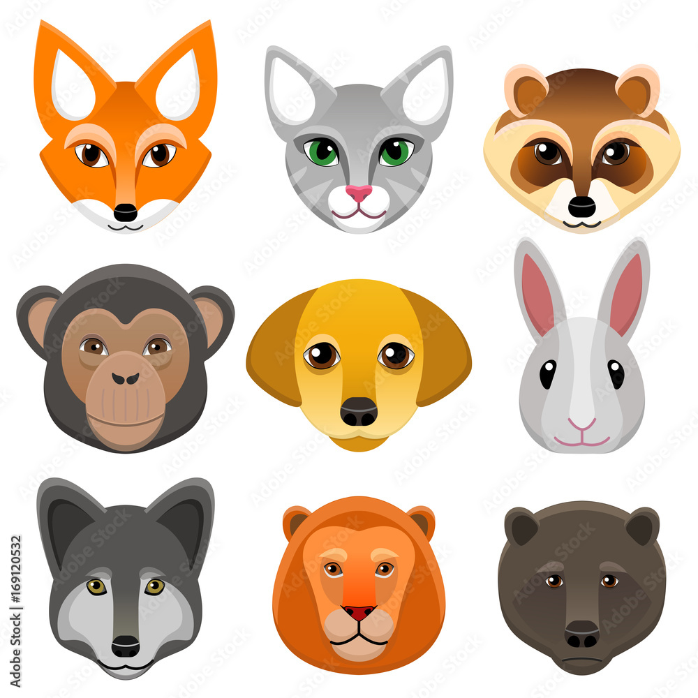 Vector set of faces of animals Vector set of faces of animals