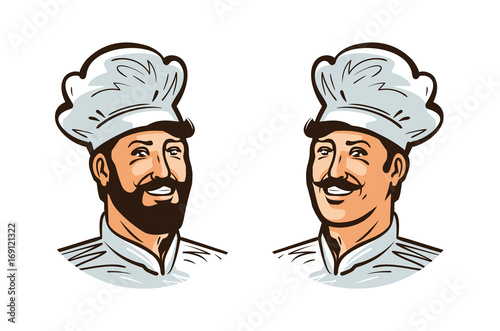 Happy cook, chef logo or label. Illustration for design menu restaurant or cafe. Cartoon vector