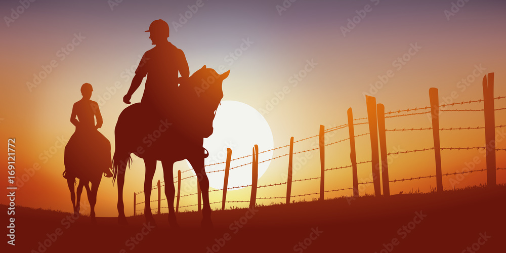 promenade à cheval - cavalier - cheval - équitation - randonnée - coucher de soleil - obrazy, fototapety, plakaty 