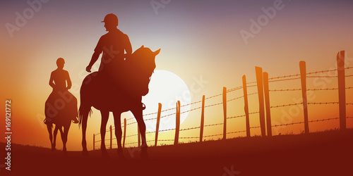 Fényképezés promenade à cheval - cavalier - cheval - équitation - randonnée - coucher de sol